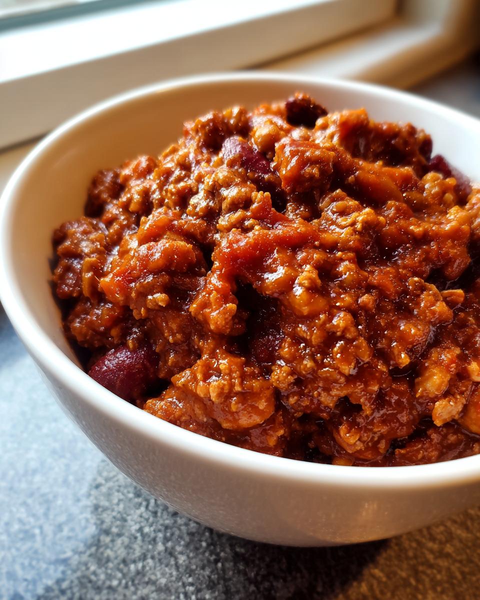 Close-up of a white bowl filled with rich, thick Chicken Chili featuring ground meat and kidney beans.