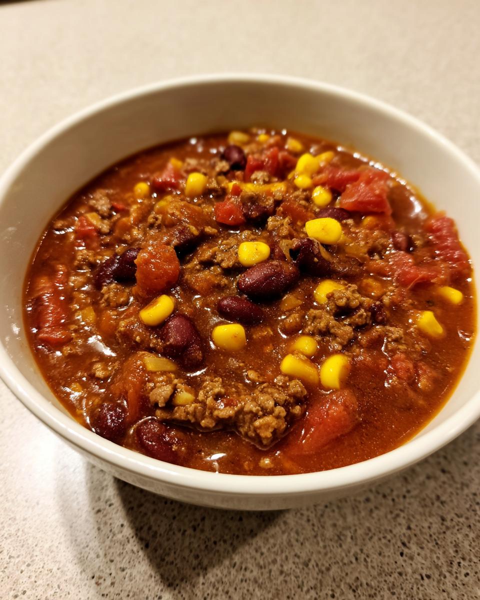 Close-up of a white bowl filled with rich, savory Taco Soup featuring ground beef, kidney beans, corn, and tomatoes.
