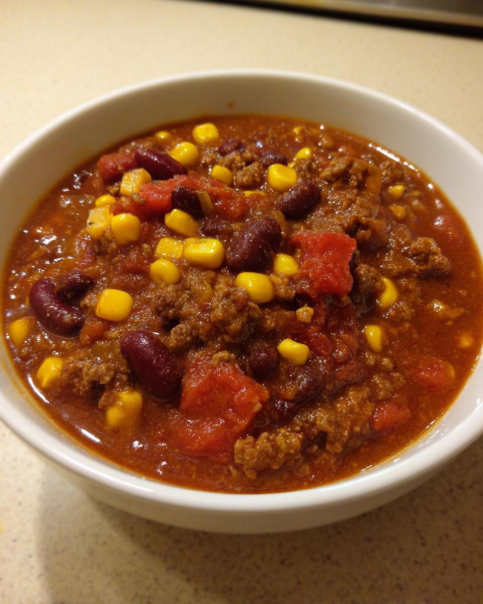 Close-up of a white bowl filled with rich Taco Soup featuring ground beef, kidney beans, corn, and tomatoes.