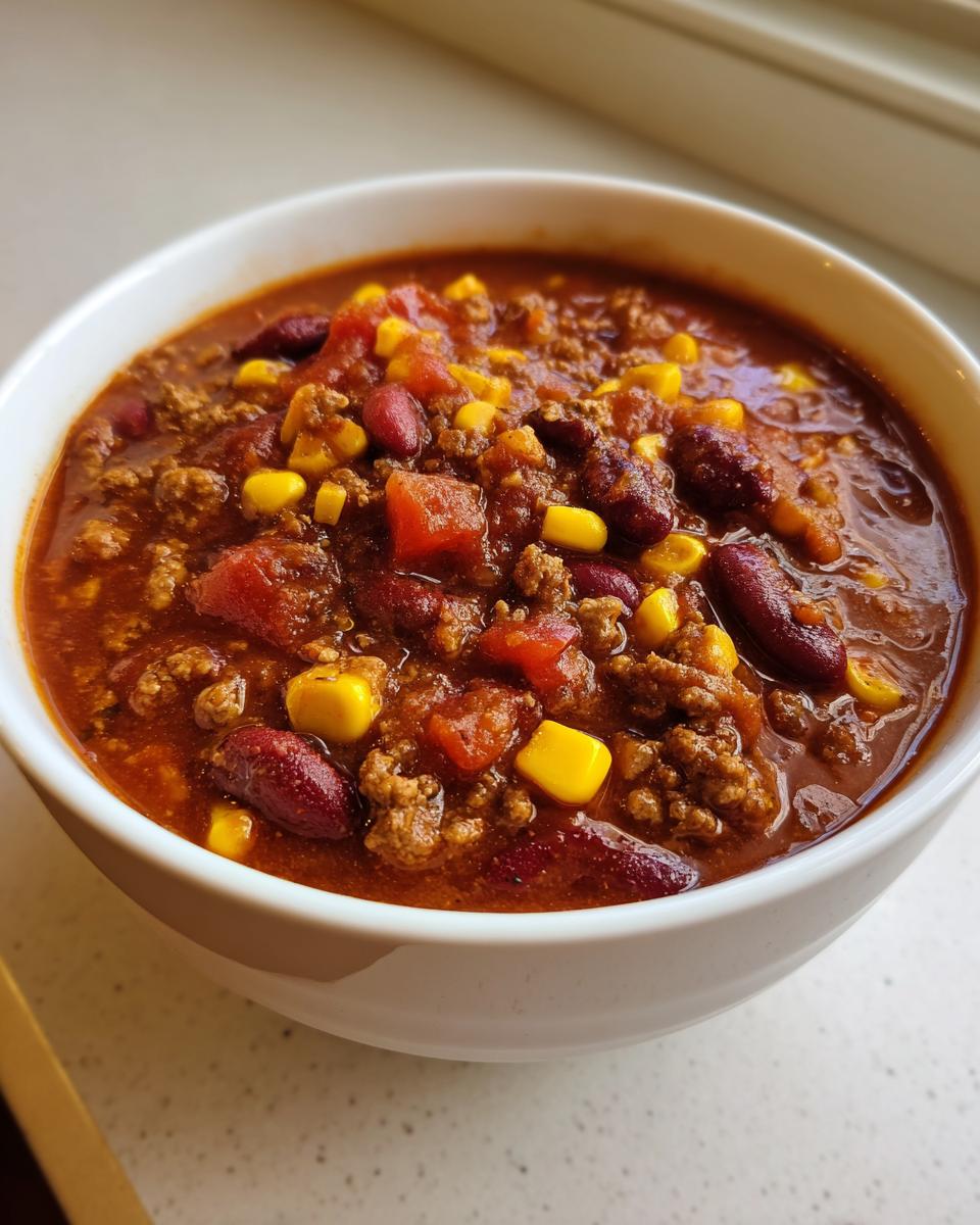 Close-up of a white bowl filled with rich, red Taco Soup featuring ground beef, kidney beans, corn, and tomatoes.