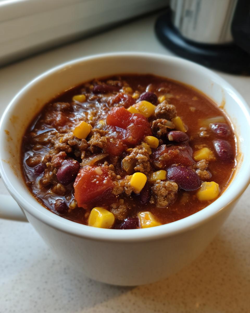 Close-up of a white mug filled with rich, hearty Taco Soup featuring ground beef, kidney beans, corn, and tomatoes.