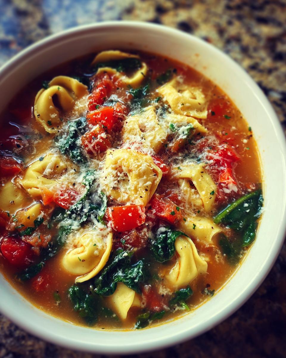 A close-up view of a bowl of rich, tomato-based Tortellini Soup topped with melted cheese and fresh spinach.