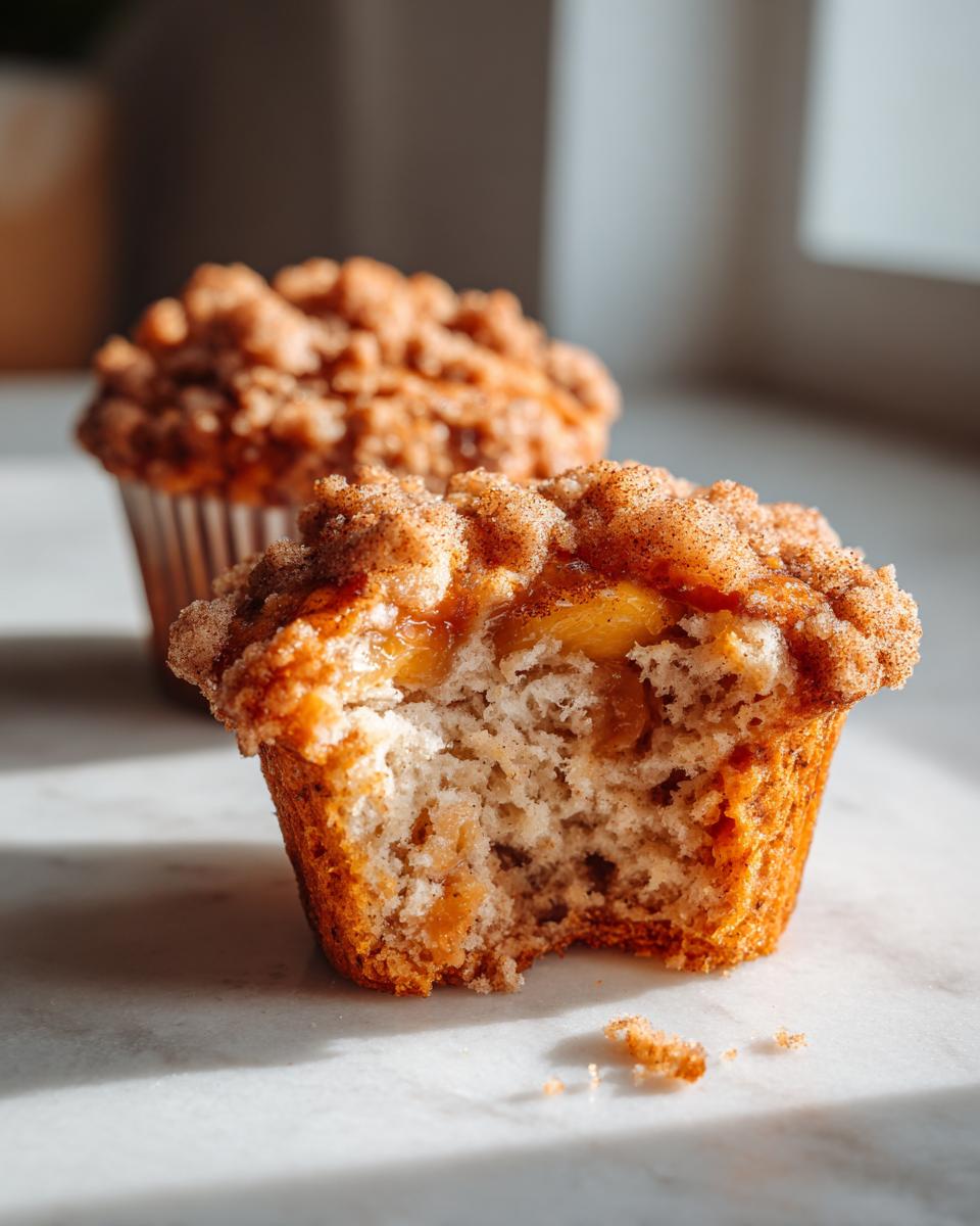 Close-up of a Homemade Peach Cobbler Muffins cut in half, showing soft interior and peach filling, topped with cinnamon crumble.