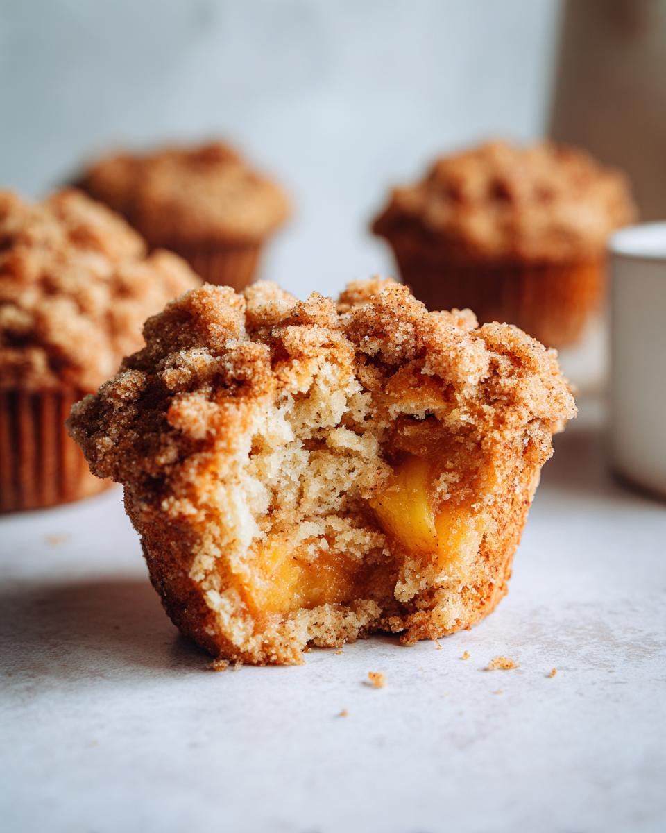 Close-up of a Homemade Peach Cobbler Muffins with a bite taken out, showing soft interior and peach filling.