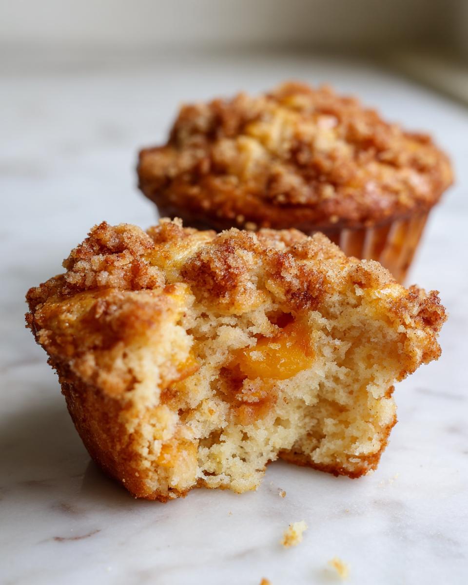 Close-up of a Homemade Peach Cobbler Muffins with a bite taken out, showing soft interior and peach chunks.