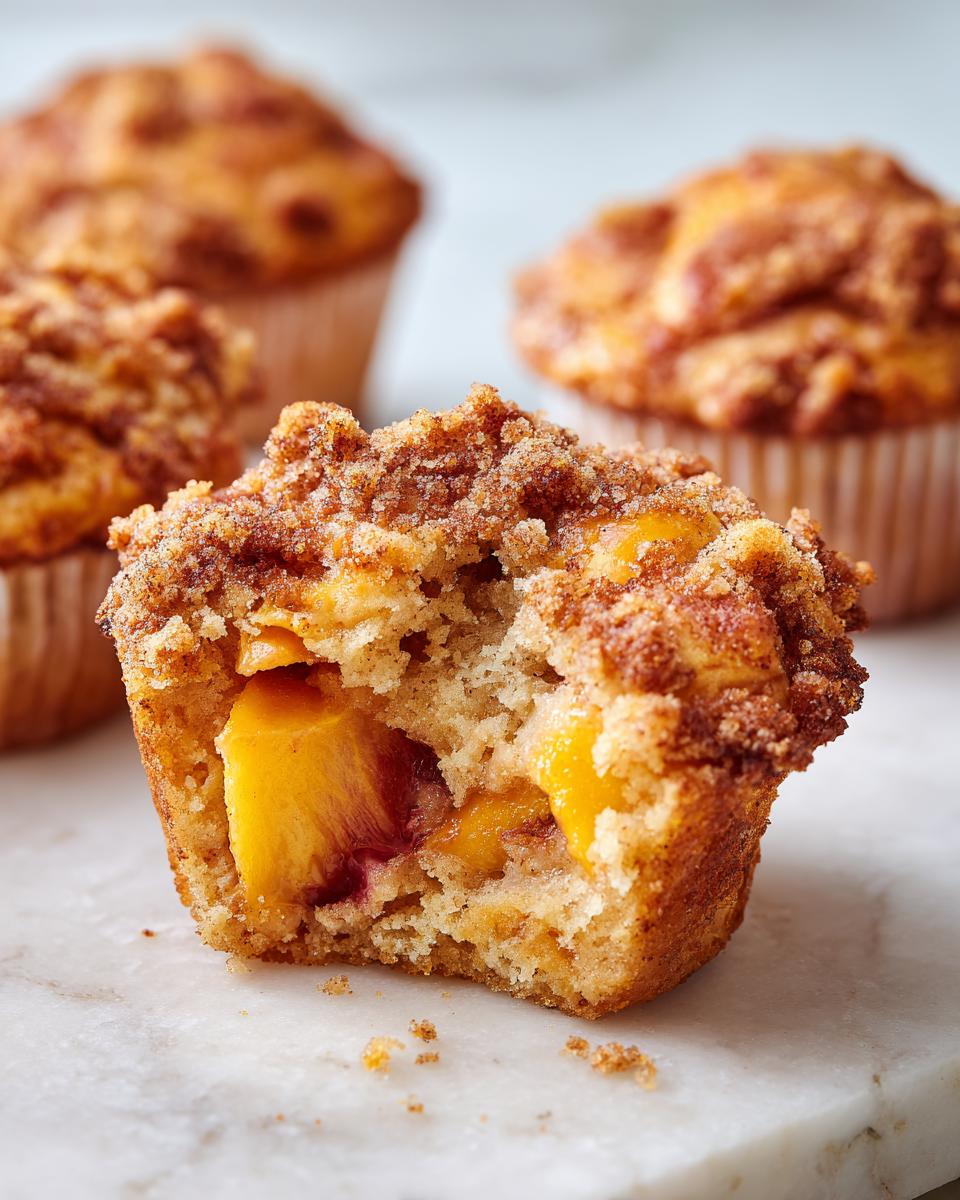Close-up of a Homemade Peach Cobbler Muffins, broken open to show juicy peach chunks inside.