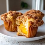 A close-up of Homemade Peach Cobbler Muffins, one broken open to show the warm peach filling inside.