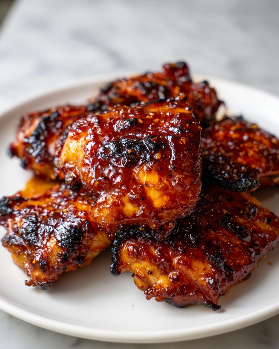 Close-up of several pieces of perfectly glazed Honey Garlic Chicken with caramelized, dark edges on a white plate.