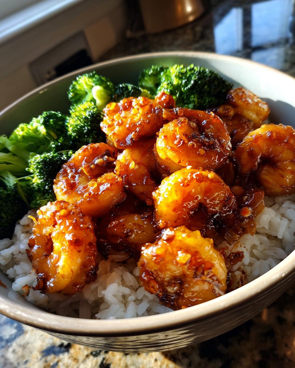Close-up of a Honey Garlic Shrimp Bowl featuring glazed shrimp over white rice with steamed broccoli florets.