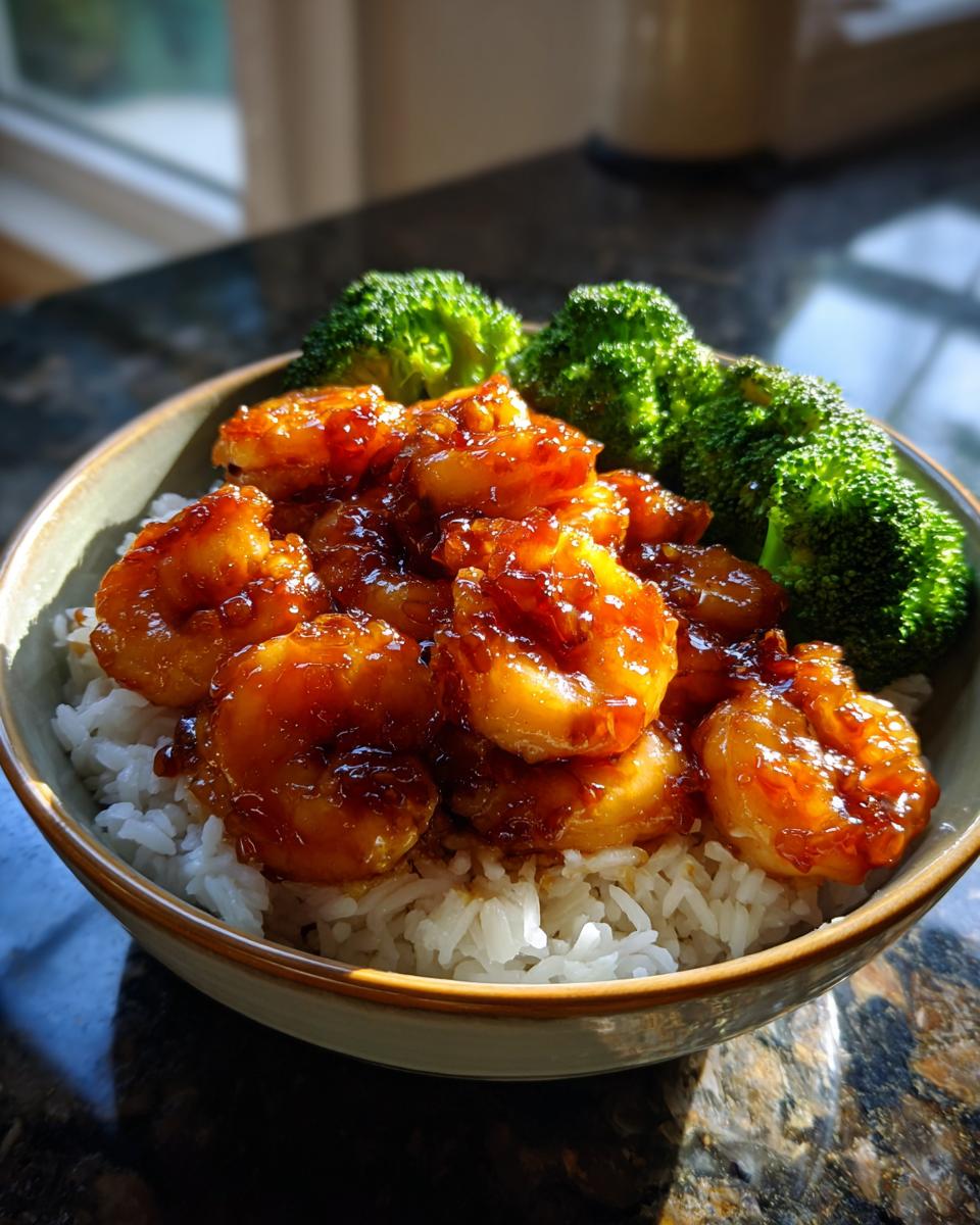 Close-up of a Honey Garlic Shrimp Bowl featuring glazed shrimp served over white rice with steamed broccoli florets.