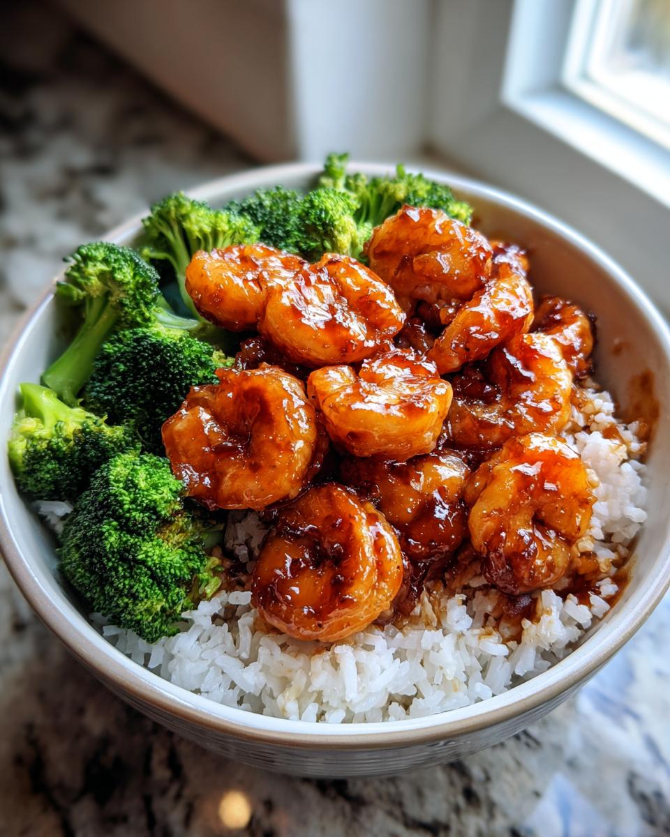 Close-up of a Honey Garlic Shrimp Bowl featuring glazed shrimp, white rice, and steamed broccoli florets.