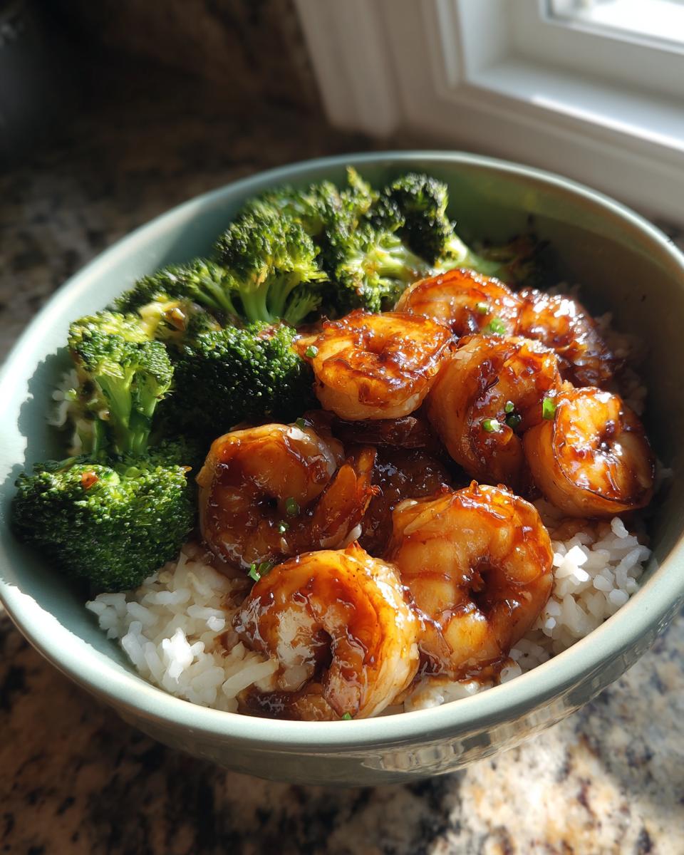 A close-up of a Honey Garlic Shrimp Bowl featuring glazed shrimp, white rice, and steamed broccoli florets.