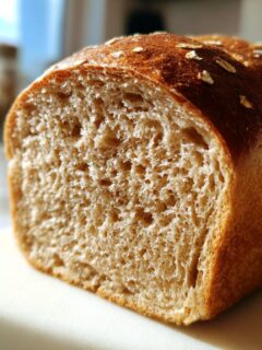 Close-up of a freshly baked Honey Oatmeal Breakfast Bread loaf showing the soft crumb and oat topping.