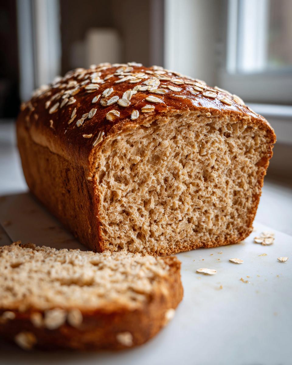 A loaf of freshly baked Honey Oatmeal Breakfast Bread, sliced to show the soft crumb, topped with rolled oats.