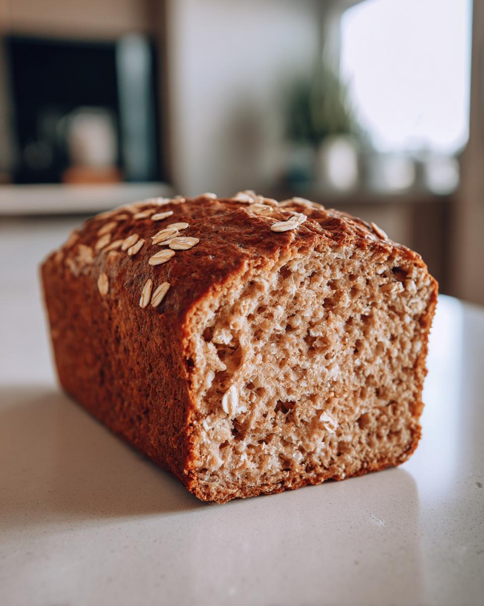 A close-up of a freshly baked Honey Oatmeal Breakfast Bread loaf, showing the moist crumb and oat topping.