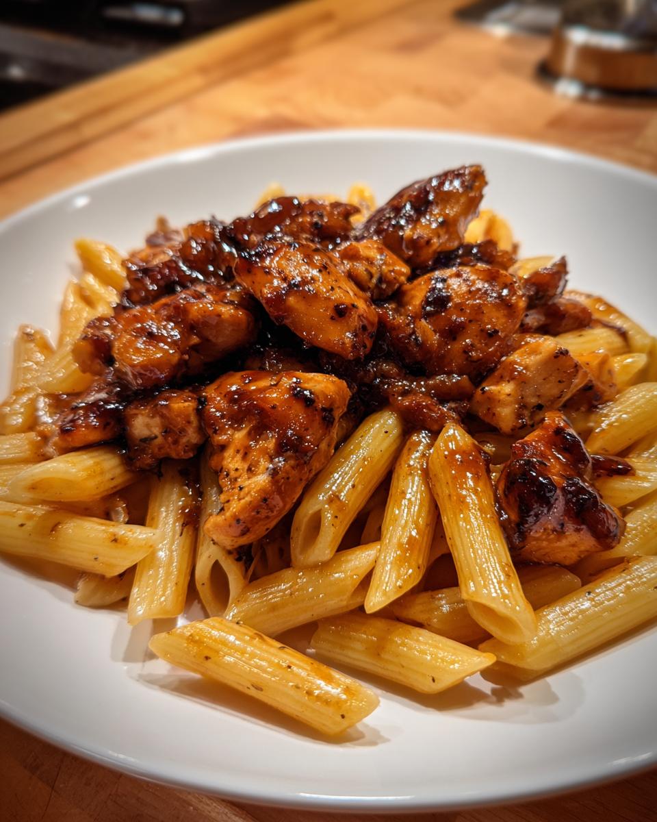 A close-up of penne pasta topped with chunks of glazed Honey Pepper Chicken Pasta in a white bowl.