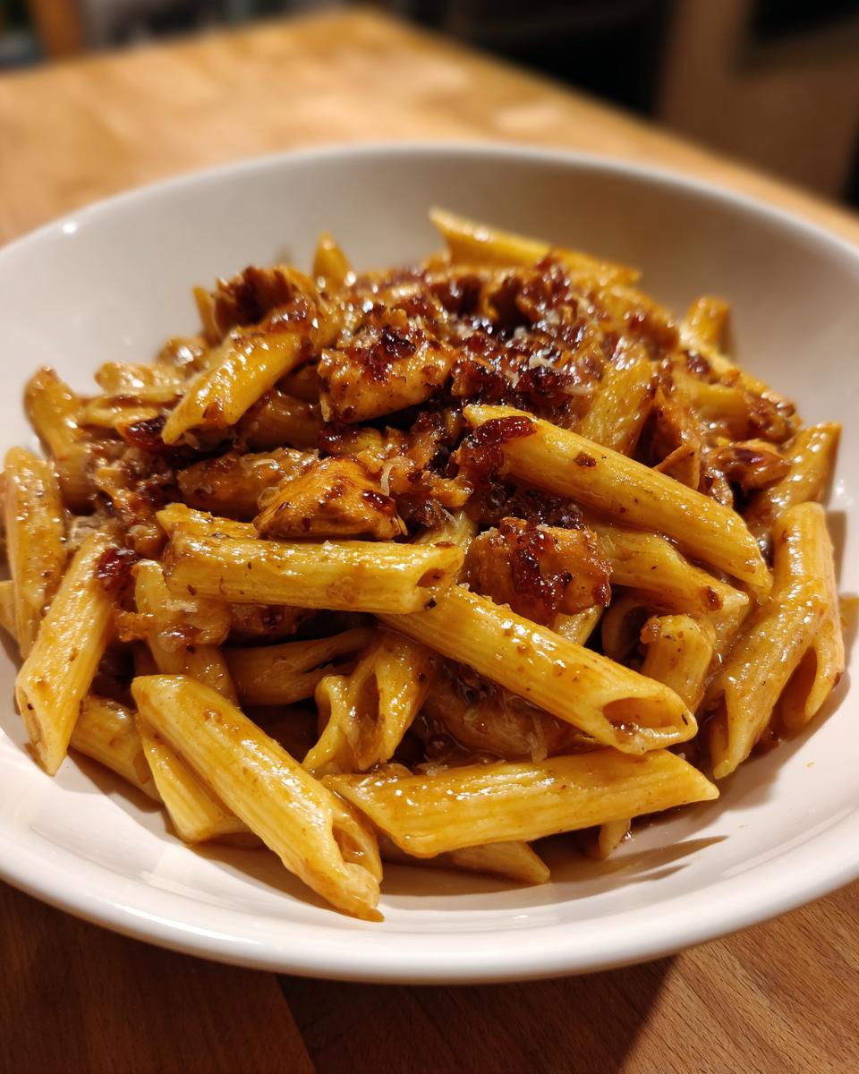 A close-up view of Honey Pepper Chicken Pasta featuring penne coated in a glossy, dark sauce with visible chicken pieces.