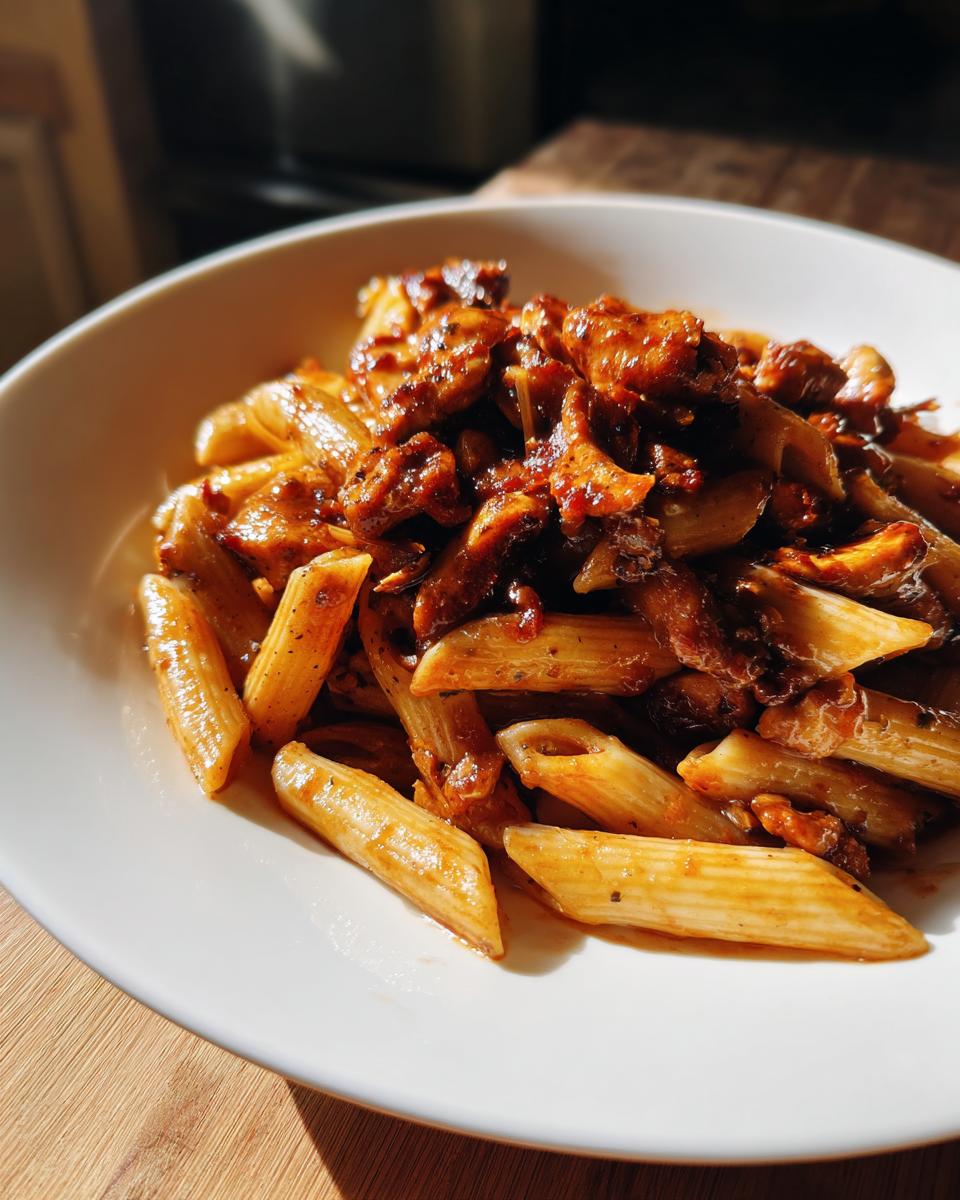 Close-up of a white bowl filled with Honey Pepper Chicken Pasta featuring penne and glazed chicken pieces.
