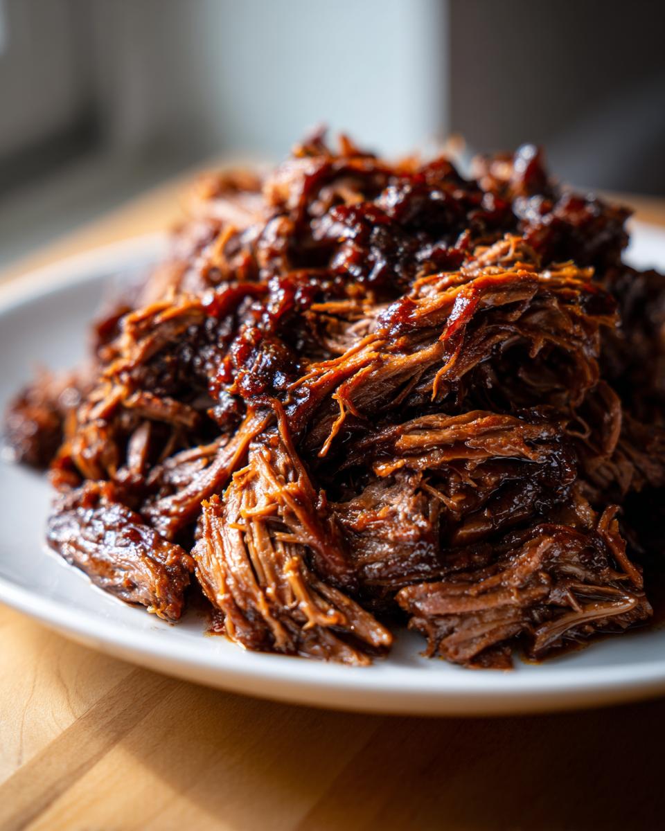Close-up of richly sauced, shredded Instant Pot Beef Barbacoa piled high on a white plate.