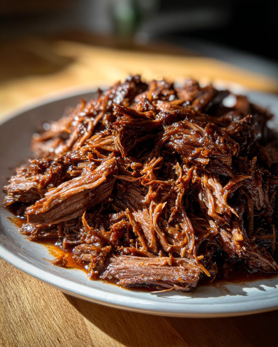 A close-up of richly sauced, shredded Instant Pot Beef Barbacoa piled high on a light-colored plate.