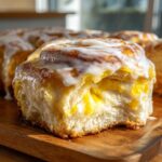 A close-up of a soft, pull-apart Irresistible Lemon Cream Rolls, generously topped with white lemon glaze.