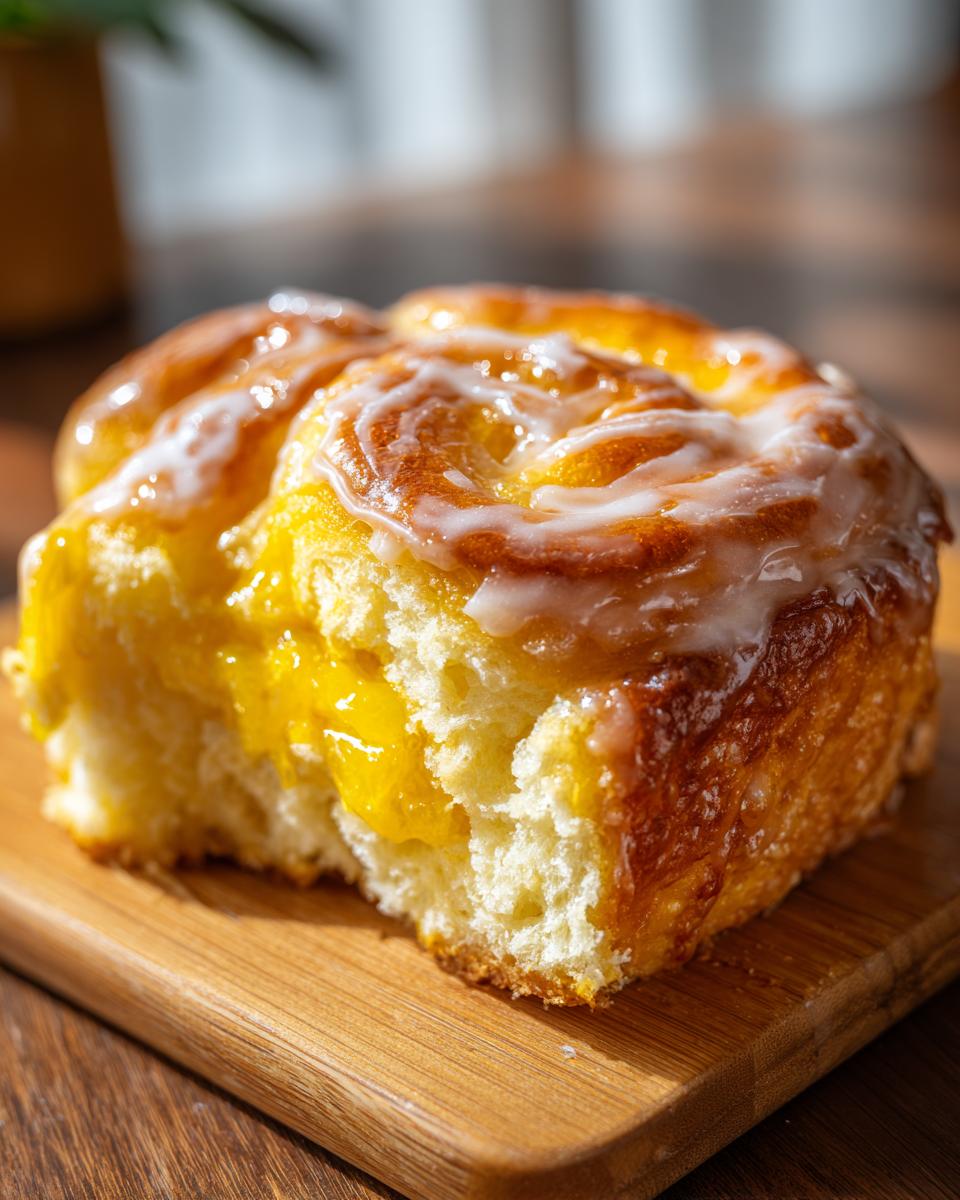 A close-up of one Irresistible Lemon Cream Rolls, showing the fluffy interior and bright lemon filling, topped with white glaze.