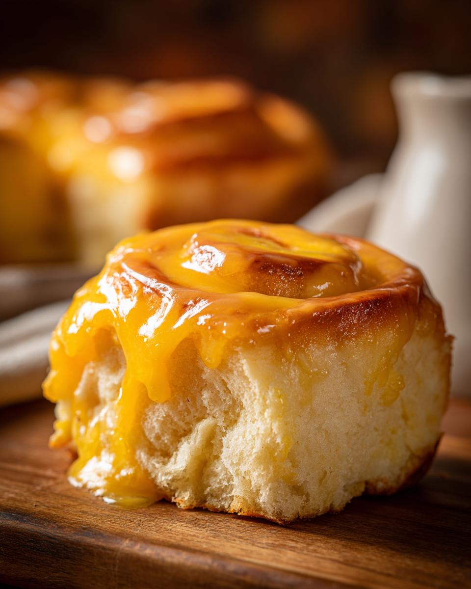 A close-up of one Irresistible Lemon Cream Rolls, showing the fluffy interior and thick, dripping lemon glaze.