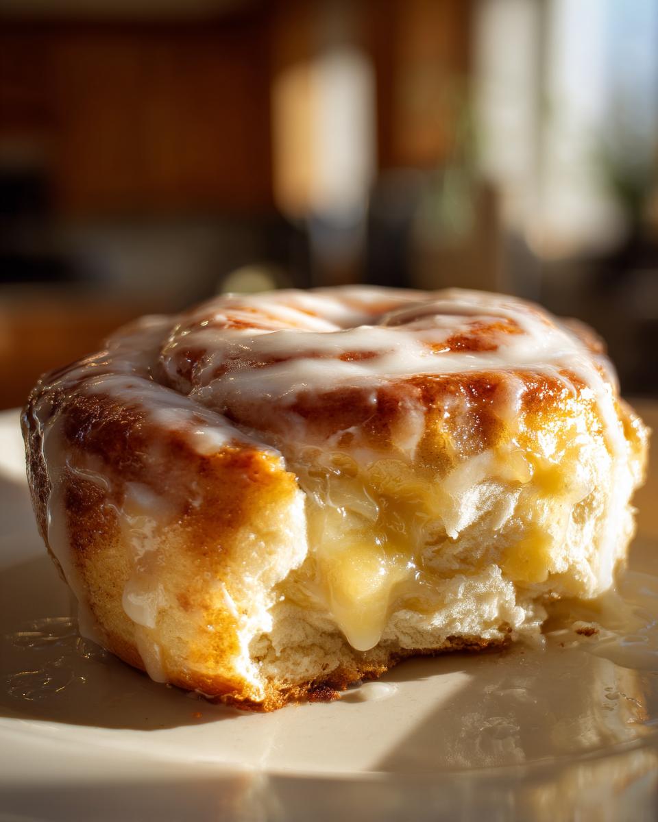 A close-up of one Irresistible Lemon Cream Rolls, broken open to show gooey lemon filling and topped with white glaze.