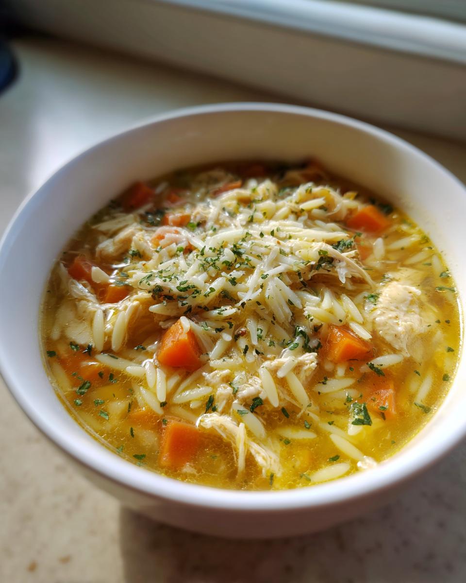 A close-up of a white bowl filled with hot Italian Penicillin Soup, featuring shredded chicken, orange carrots, orzo pasta, and a sprinkle of parsley.