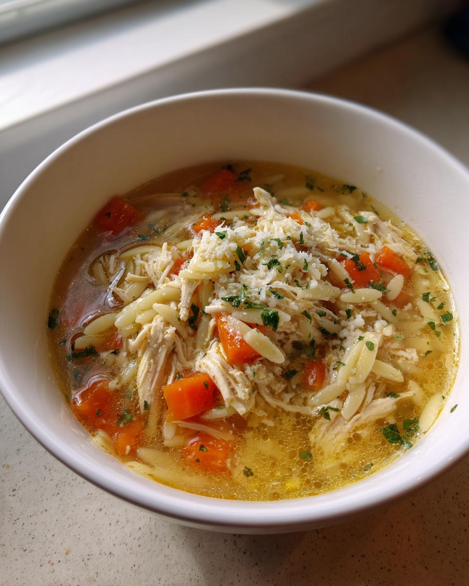 Close-up of a white bowl filled with Italian Penicillin Soup, featuring shredded chicken, orzo pasta, carrots, and topped with grated cheese.