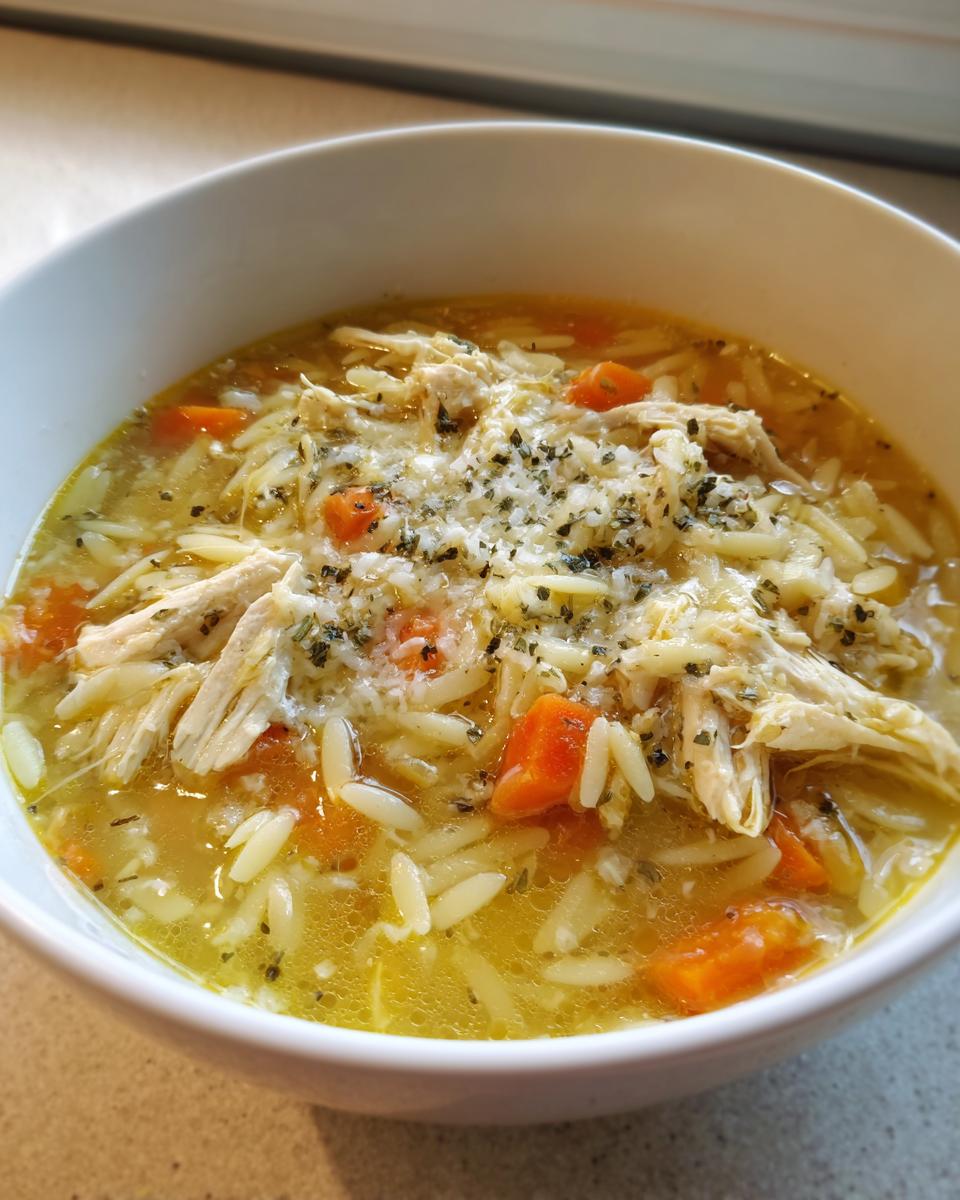 Close-up of a white bowl filled with Italian Penicillin Soup featuring shredded chicken, orzo pasta, carrots, and herbs.