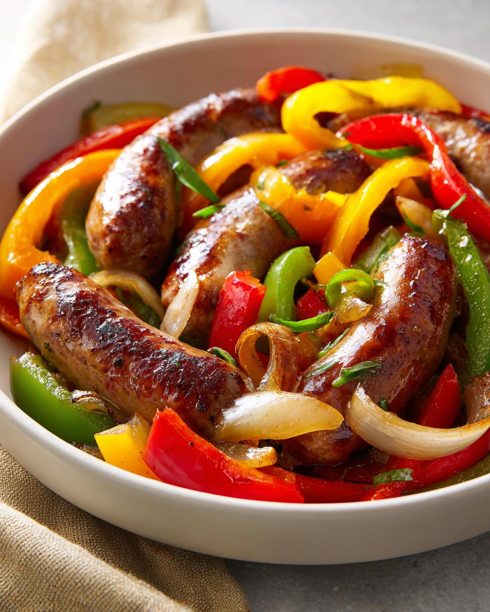 Close-up of grilled Italian Sausage And Peppers mixed with saut&eacute;ed onions in a white serving bowl.
