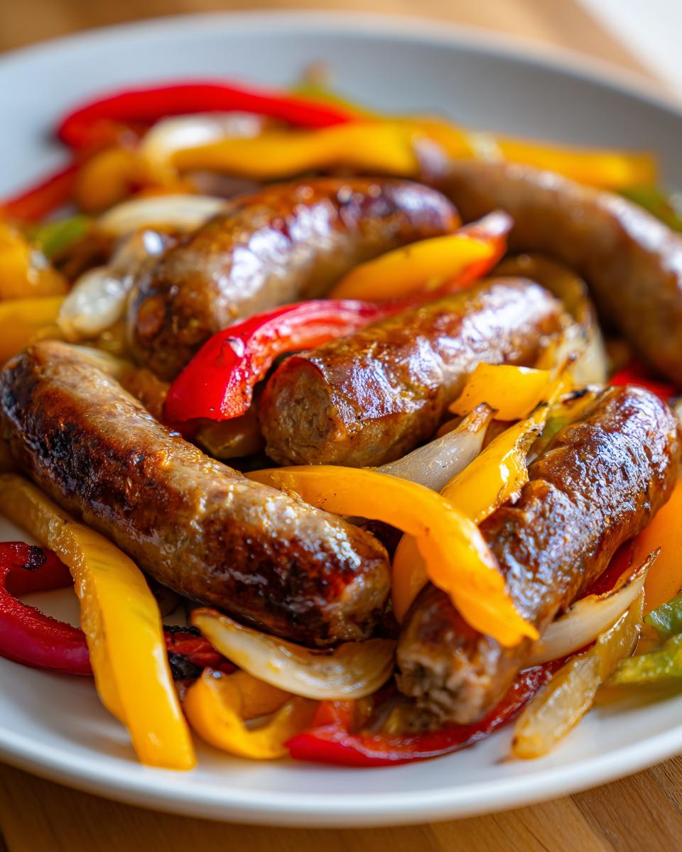 Close-up of browned Italian sausage and peppers mixed with saut&eacute;ed onions on a white plate.