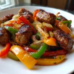 Close-up of browned Italian Sausage And Peppers mixed with saut&eacute;ed green, red, and yellow bell peppers and onions.