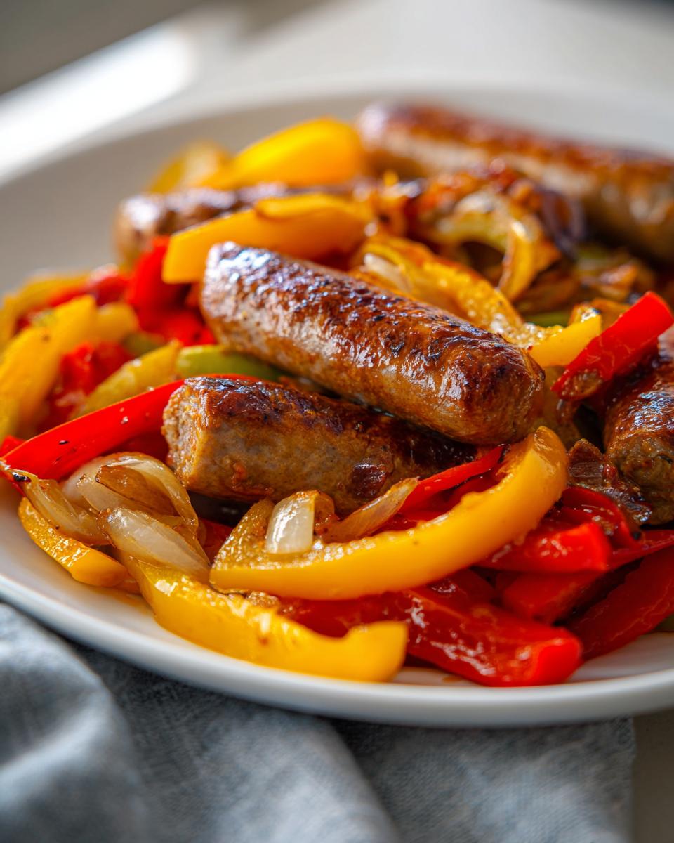 Close-up of browned Italian sausage links served over saut&eacute;ed red and yellow bell peppers and onions.