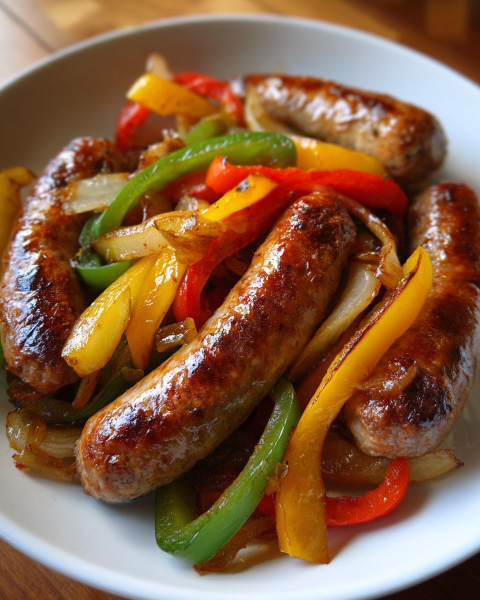 Close-up of browned Italian Sausage And Peppers mixed with saut&eacute;ed onions in a white bowl.