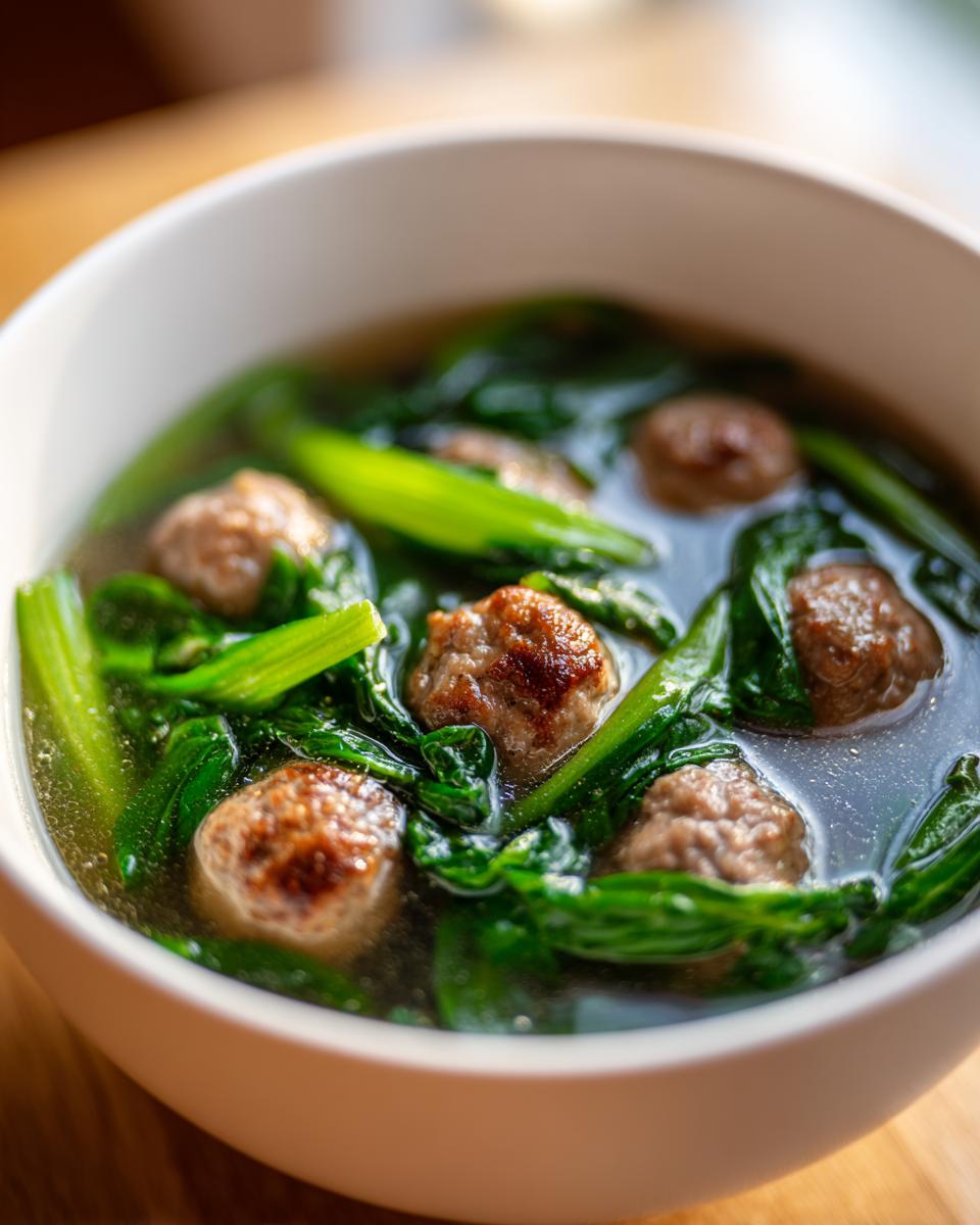 A close-up of a white bowl filled with Italian Wedding Soup, featuring browned meatballs and vibrant green leafy vegetables in broth.