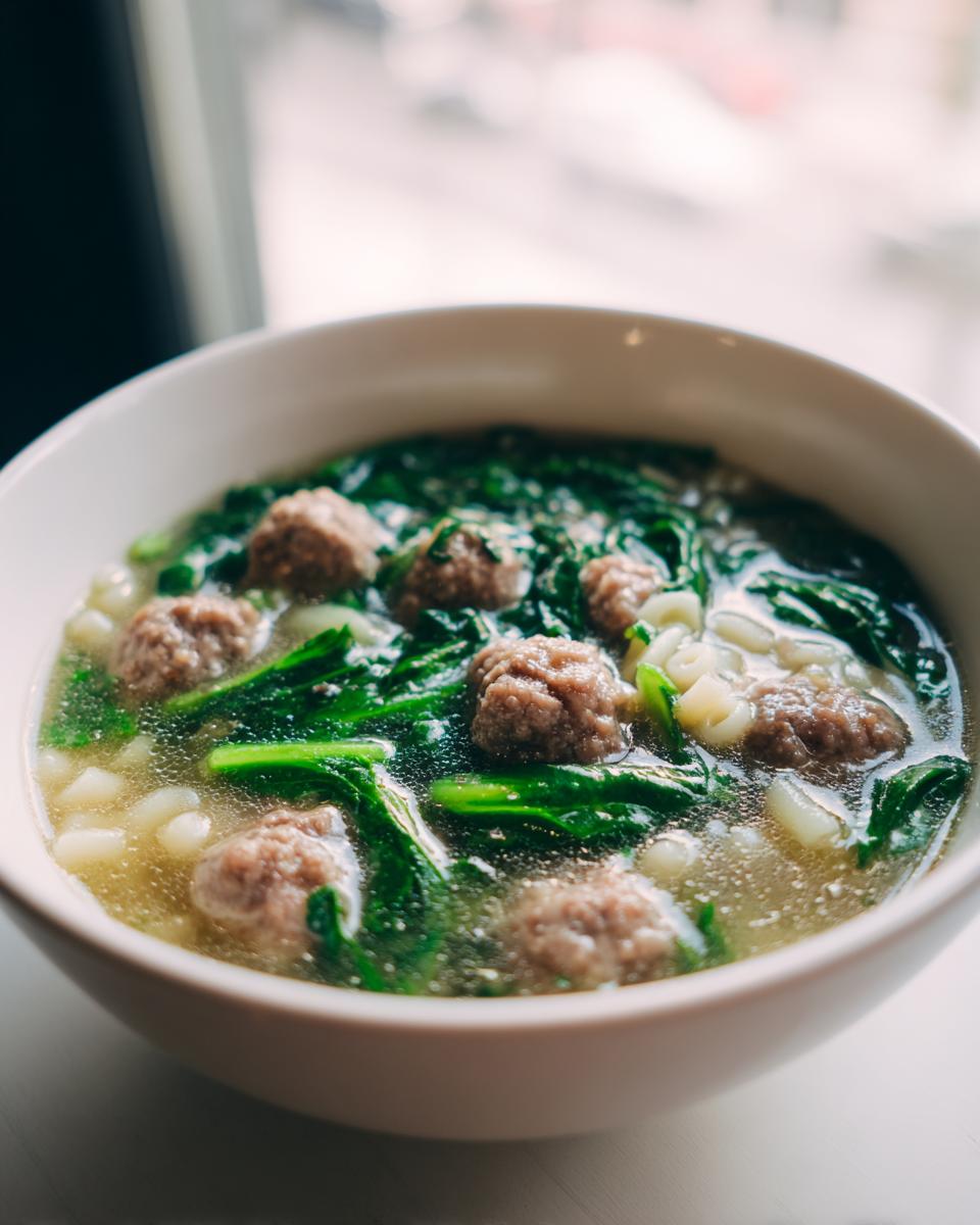 Close-up of a white bowl filled with hot Italian Wedding Soup featuring small meatballs, green leafy vegetables, and pasta in broth.