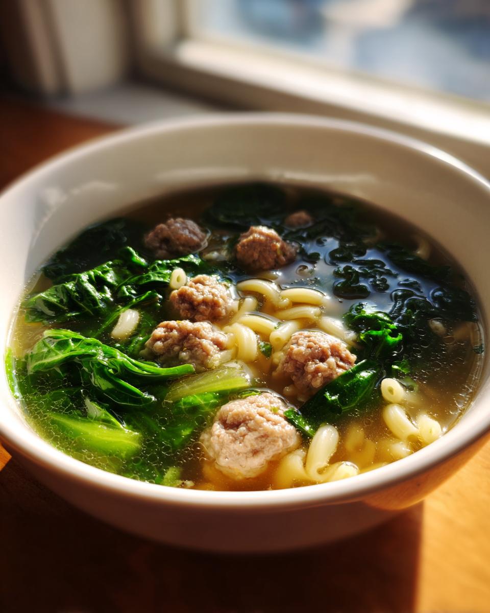 Close-up of a white bowl filled with hot Italian Wedding Soup featuring small meatballs, pasta, and bright green leafy vegetables.