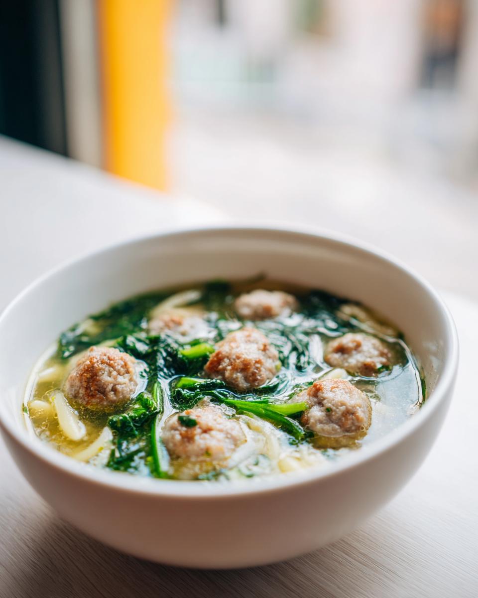 Close-up of a white bowl filled with Italian Wedding Soup, featuring small meatballs, leafy greens, and pasta in broth.