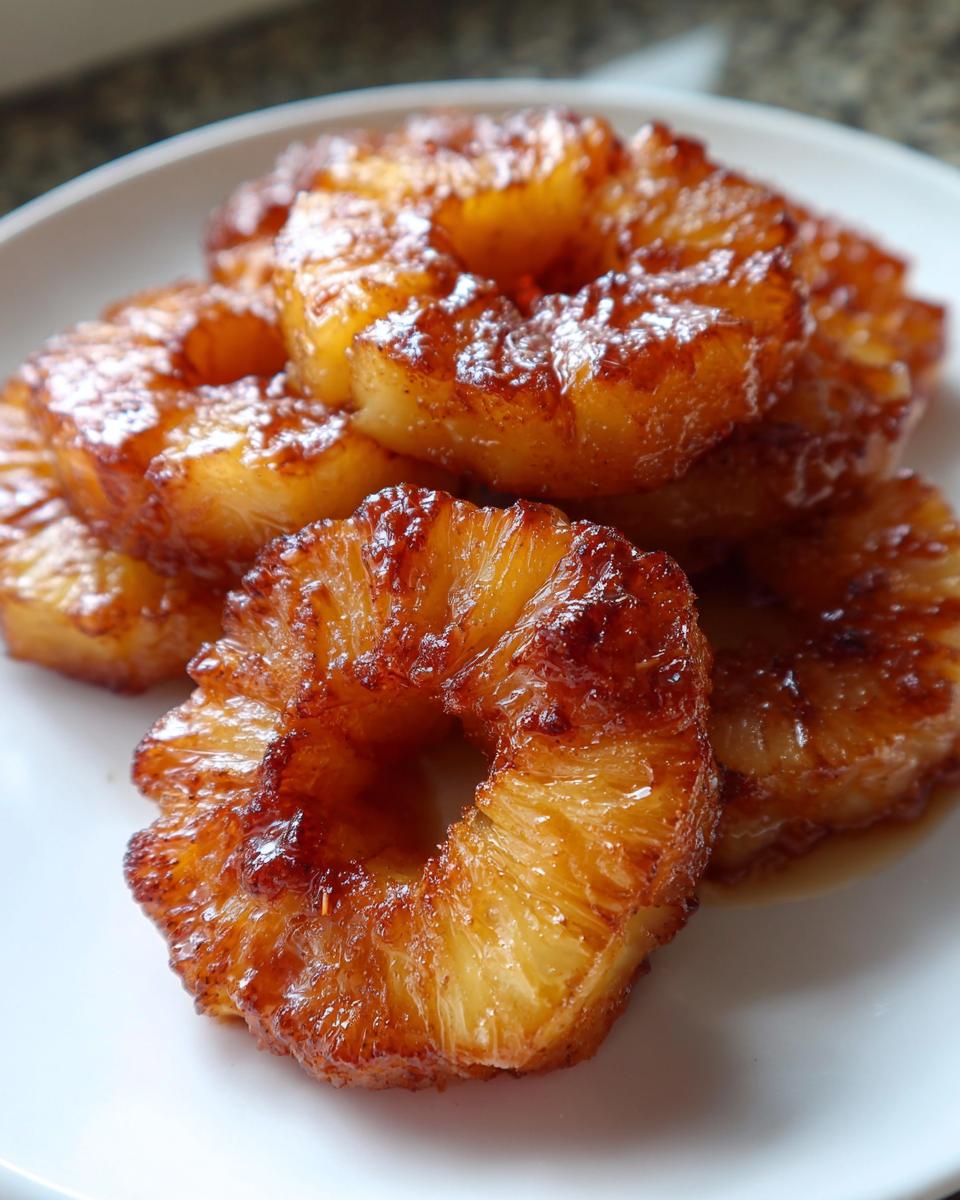 Close-up of caramelized pineapple rings, showcasing the glossy, golden-brown finish of Juicy Pineapple Heaven.