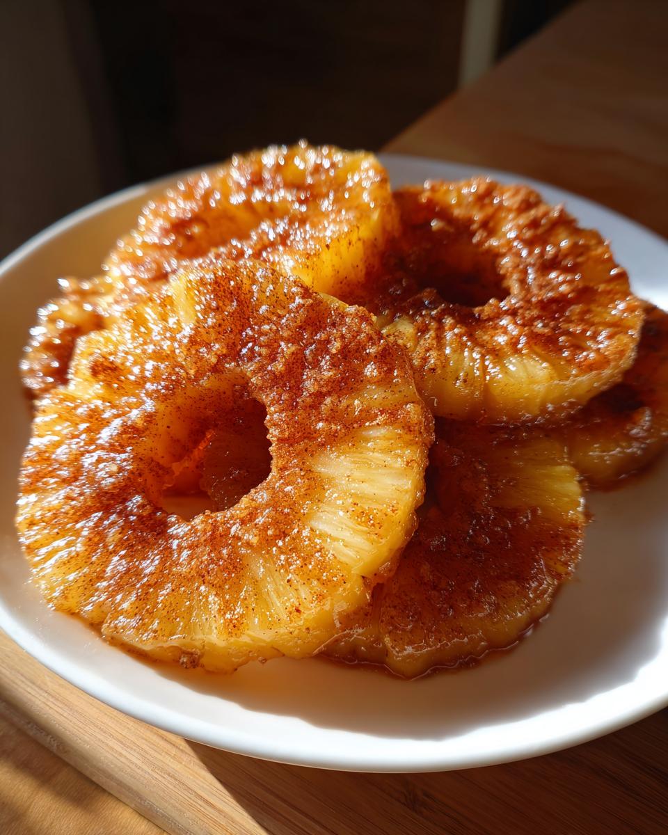 Close-up of caramelized pineapple rings dusted with cinnamon, representing Juicy Pineapple Heaven.