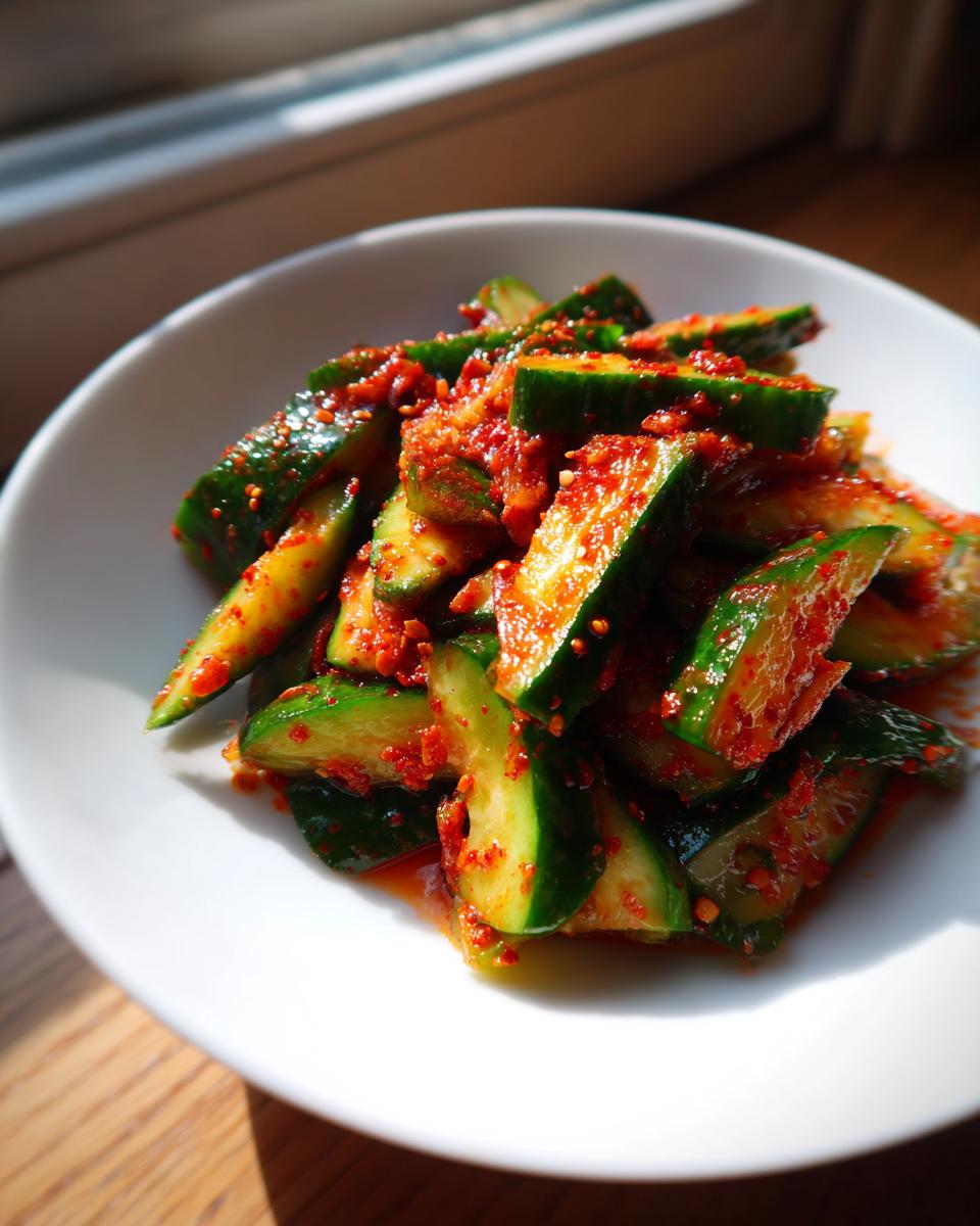 Close-up of vibrant Korean Cucumber Salad pieces coated in red chili seasoning, served in a white bowl.
