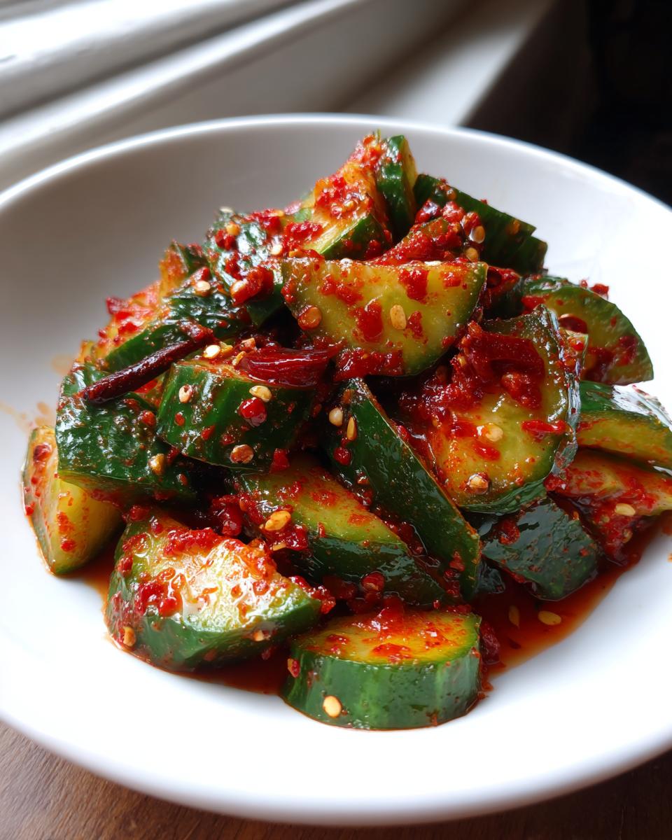 Close-up of vibrant Korean Cucumber Salad tossed in spicy red chili flakes and sauce, served in a white bowl.