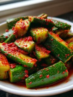 Close-up of vibrant green, chopped cucumbers coated heavily in bright red chili flakes for Korean Cucumber Salad.