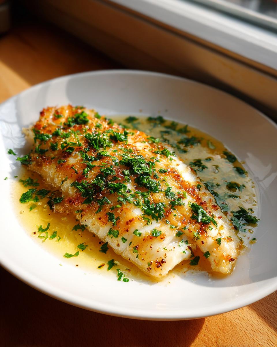 A perfectly cooked fillet of Lemon Garlic Butter Tilapia swimming in a rich butter sauce and topped with fresh parsley.