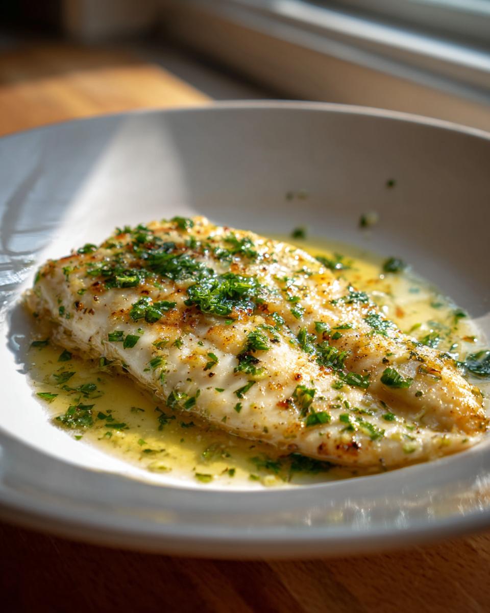 A perfectly cooked fillet of Lemon Garlic Butter Tilapia swimming in bright yellow butter sauce and topped with fresh green parsley.