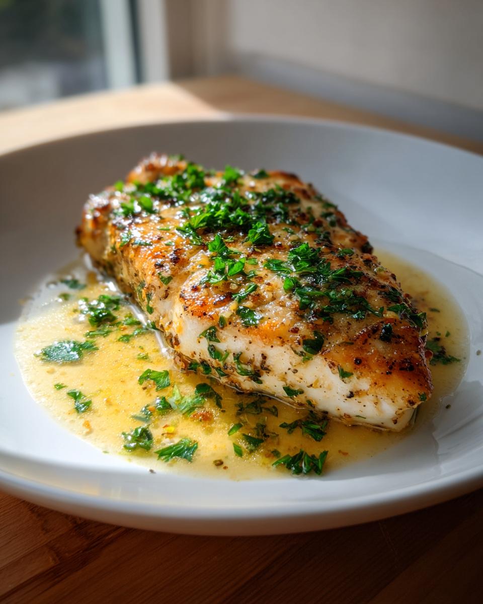 A perfectly cooked fillet of Lemon Garlic Butter Tilapia topped with fresh parsley and resting in a pool of butter sauce.