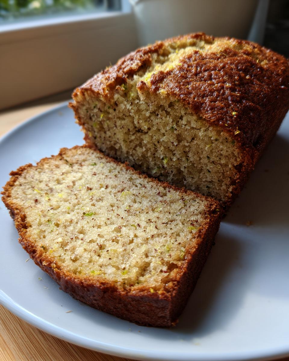 A close-up of a freshly baked Lemon Zucchini Bread loaf, with one thick slice cut and resting beside it on a light plate.