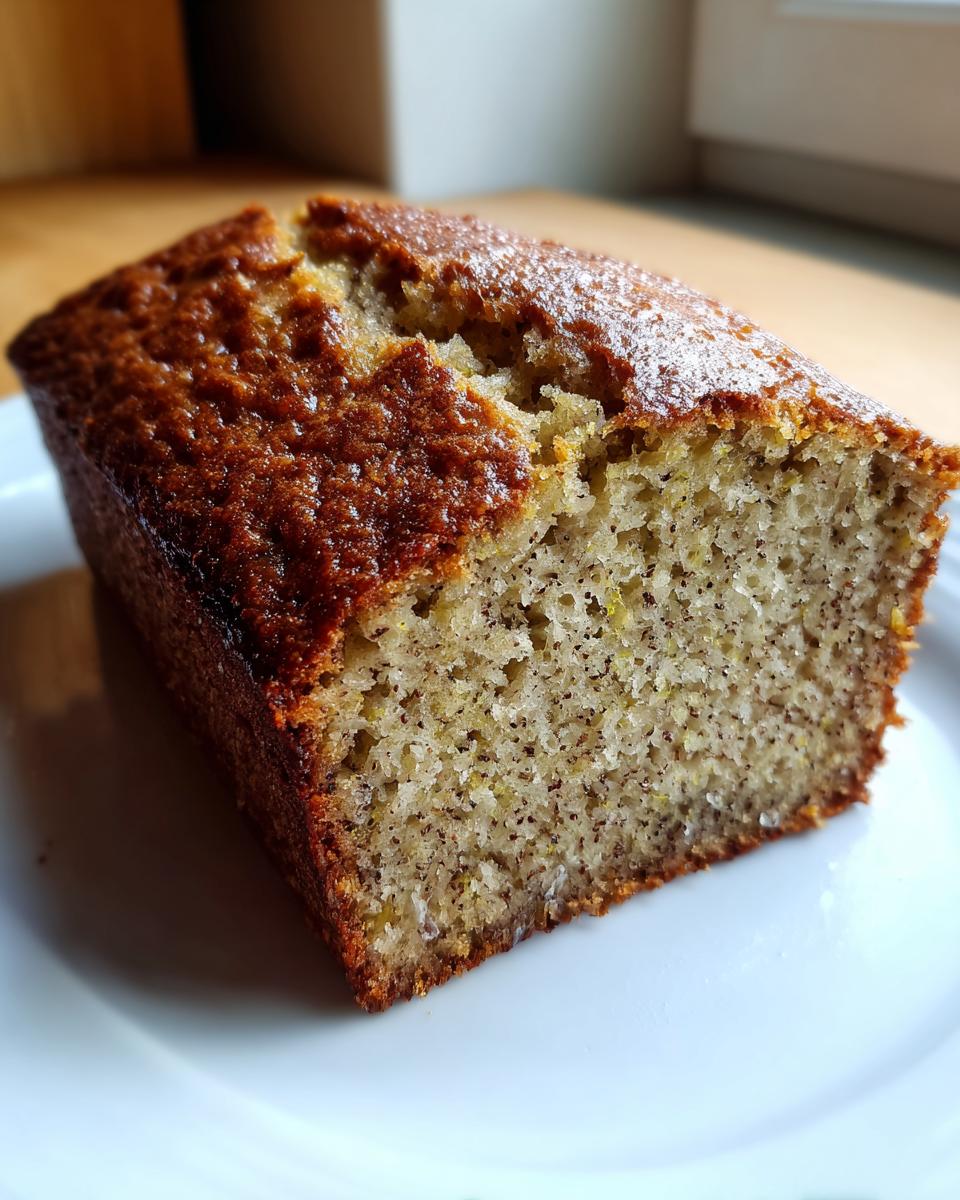 Close-up of a moist slice of Lemon Zucchini Bread showing the speckled interior and golden-brown crust.